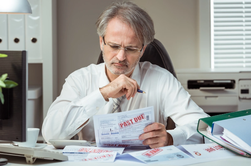 A man sitting at a desk, surrounded by documents labeled "Past Due," symbolizing his struggle with debt and bankruptcy.