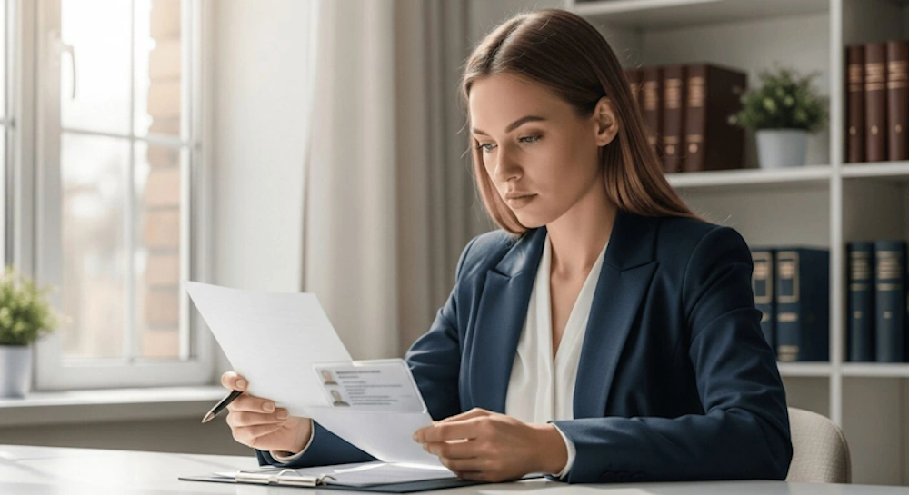 Personal Injury Lawyer reading a document in an office
