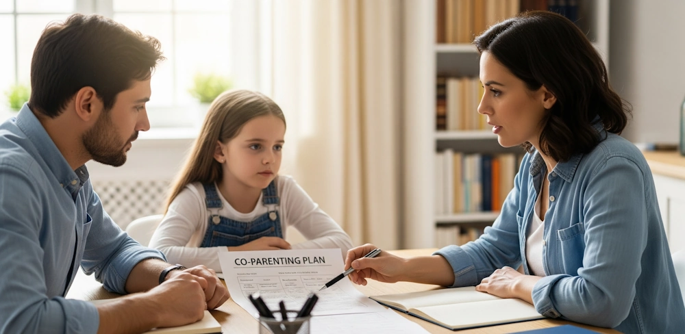 A man, a young girl, and a woman discussing a "Co-parenting Plan" guided by Divorce Attorneys