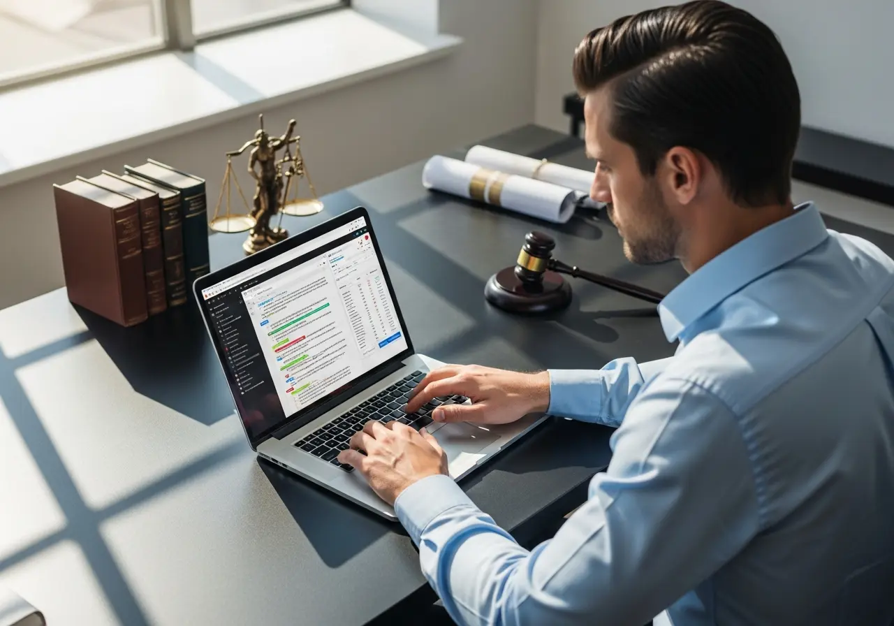 Attorney writing content on computer for law firm SEO