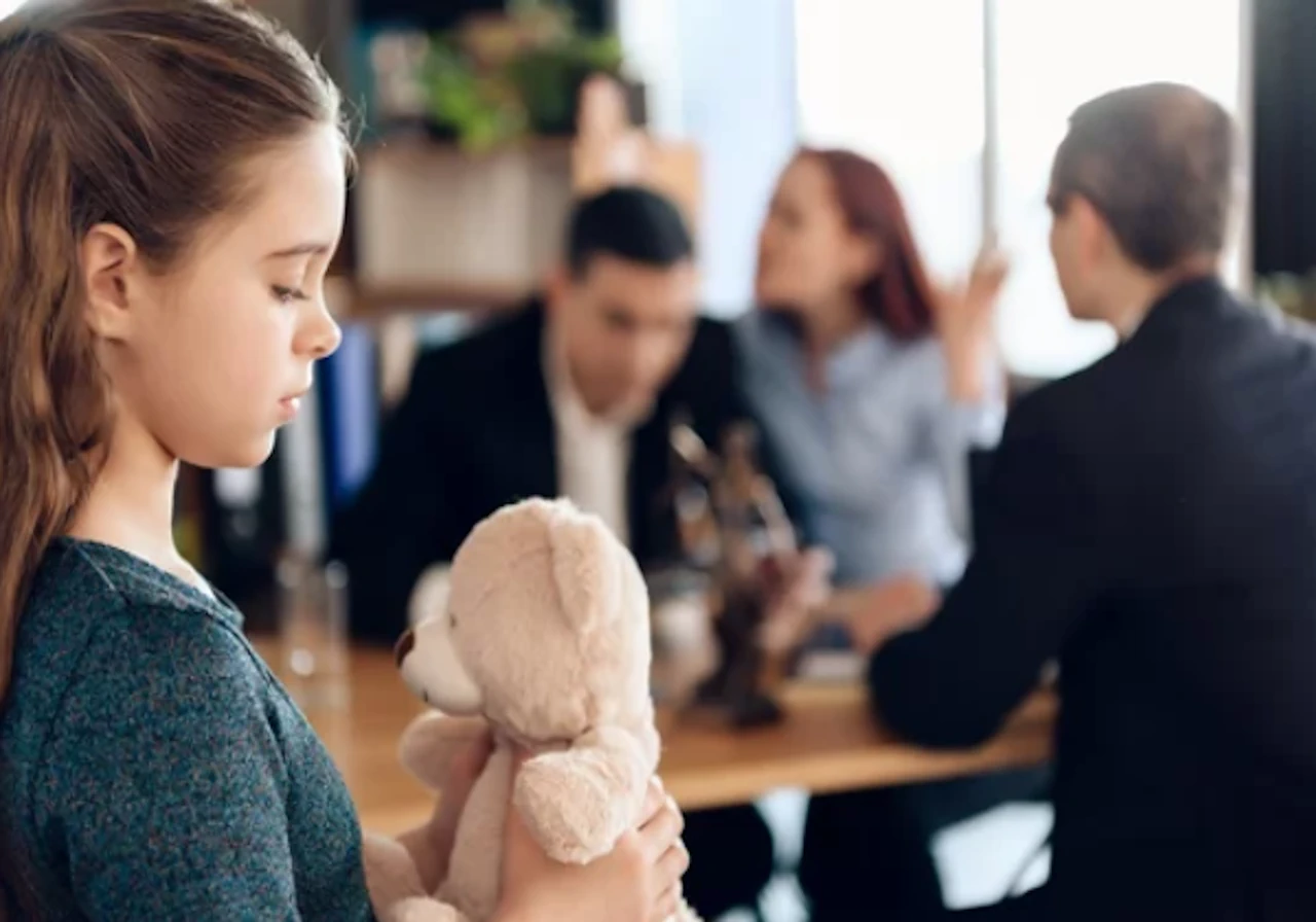 Sad young girl holding a teddy bear while parents argue in the background, showing child custody conflict.
