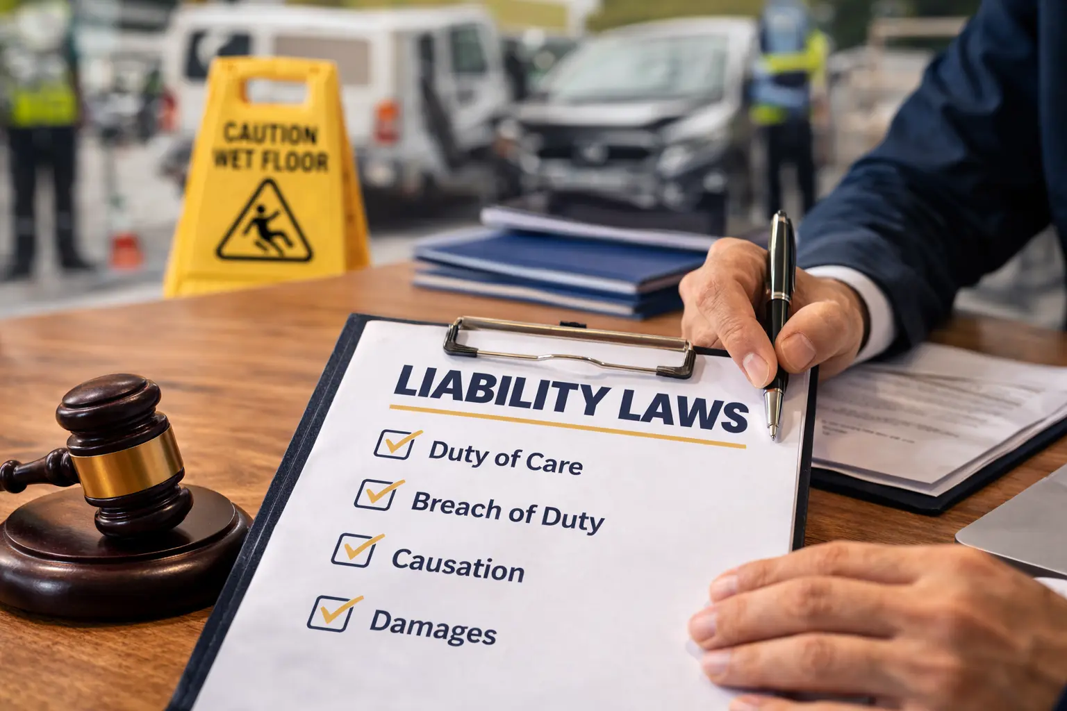 A legal professional reviews a checklist of liability laws after an accident including duty of care and causation.